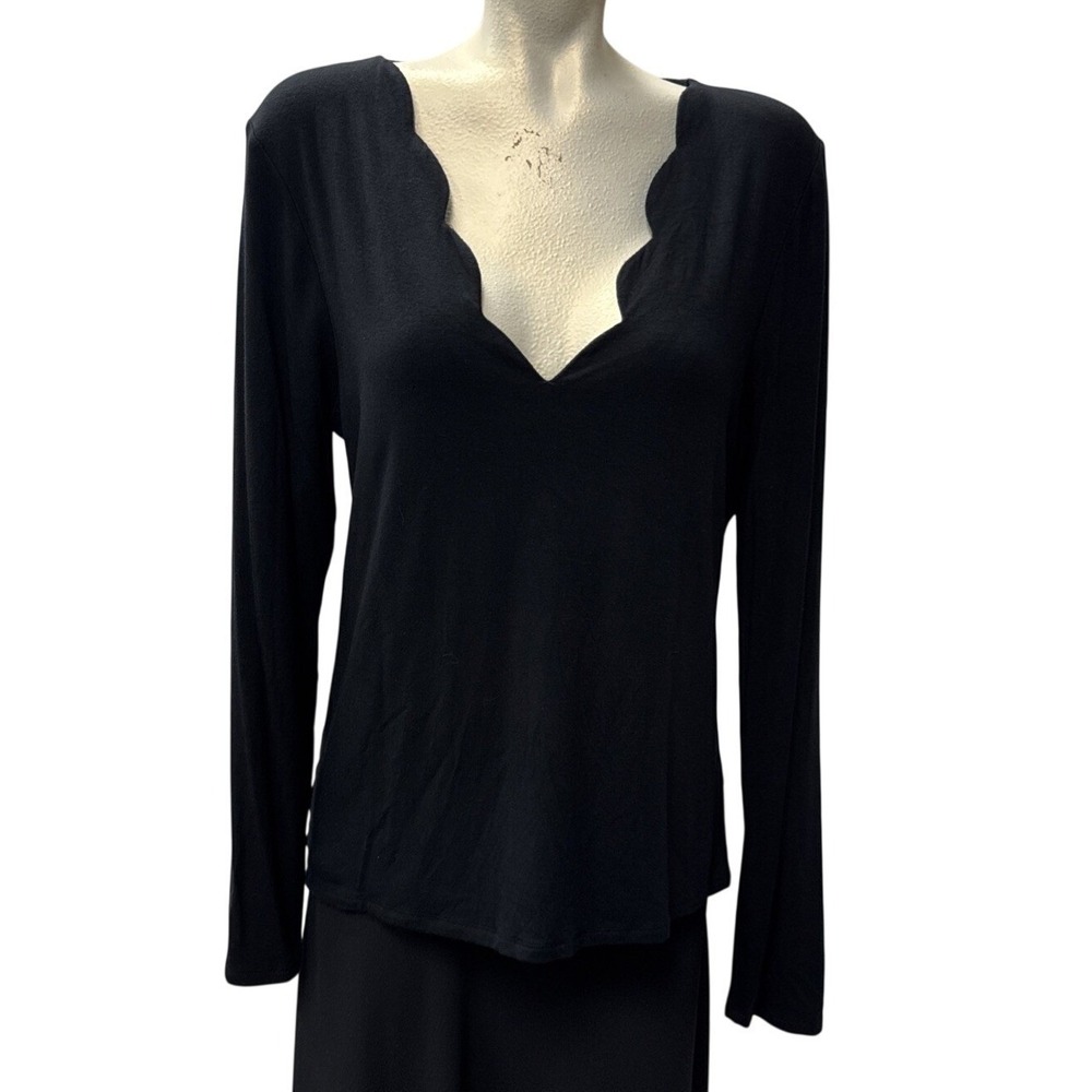 Nine Britton Scalloped V-Neck‎ Long Sleeve Top Black XL KTP604603-SF